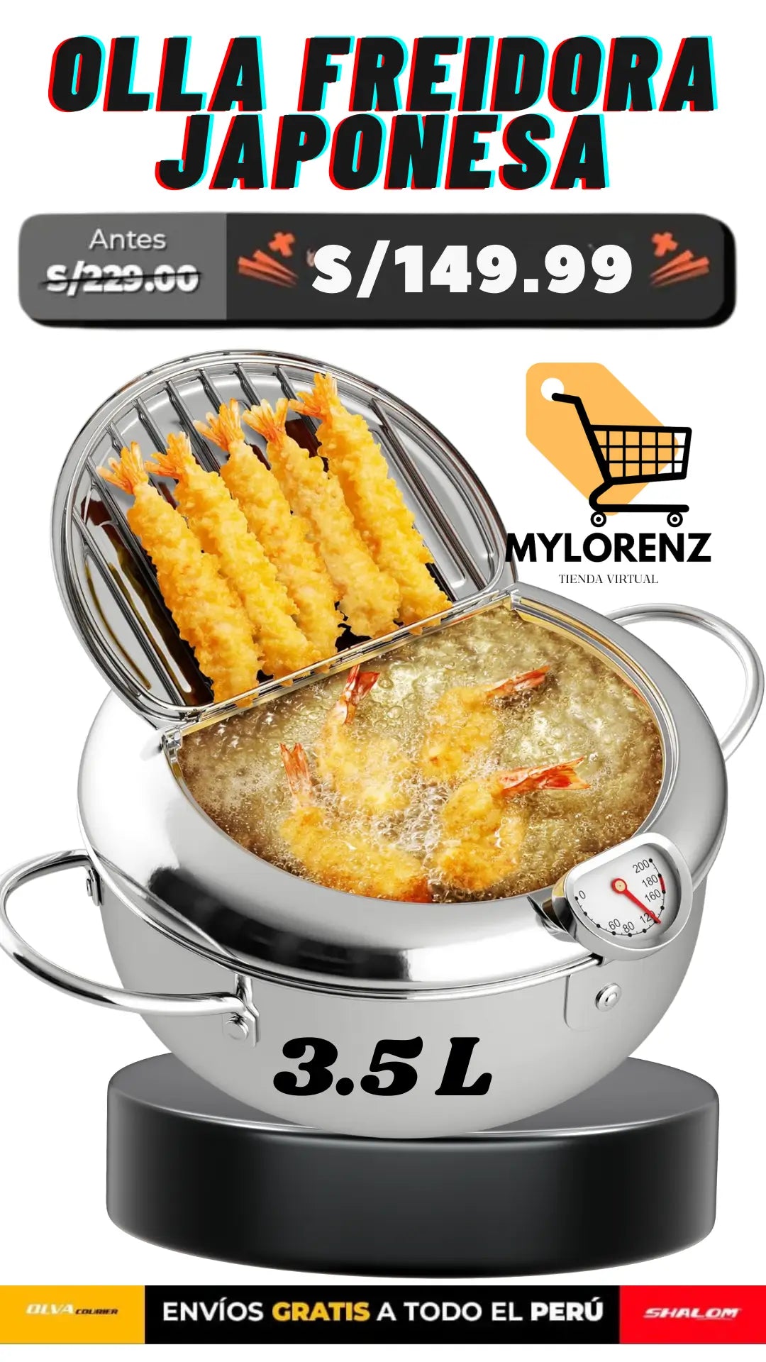 Freidora japonesa con termómetro y tapa, acero inoxidable 304