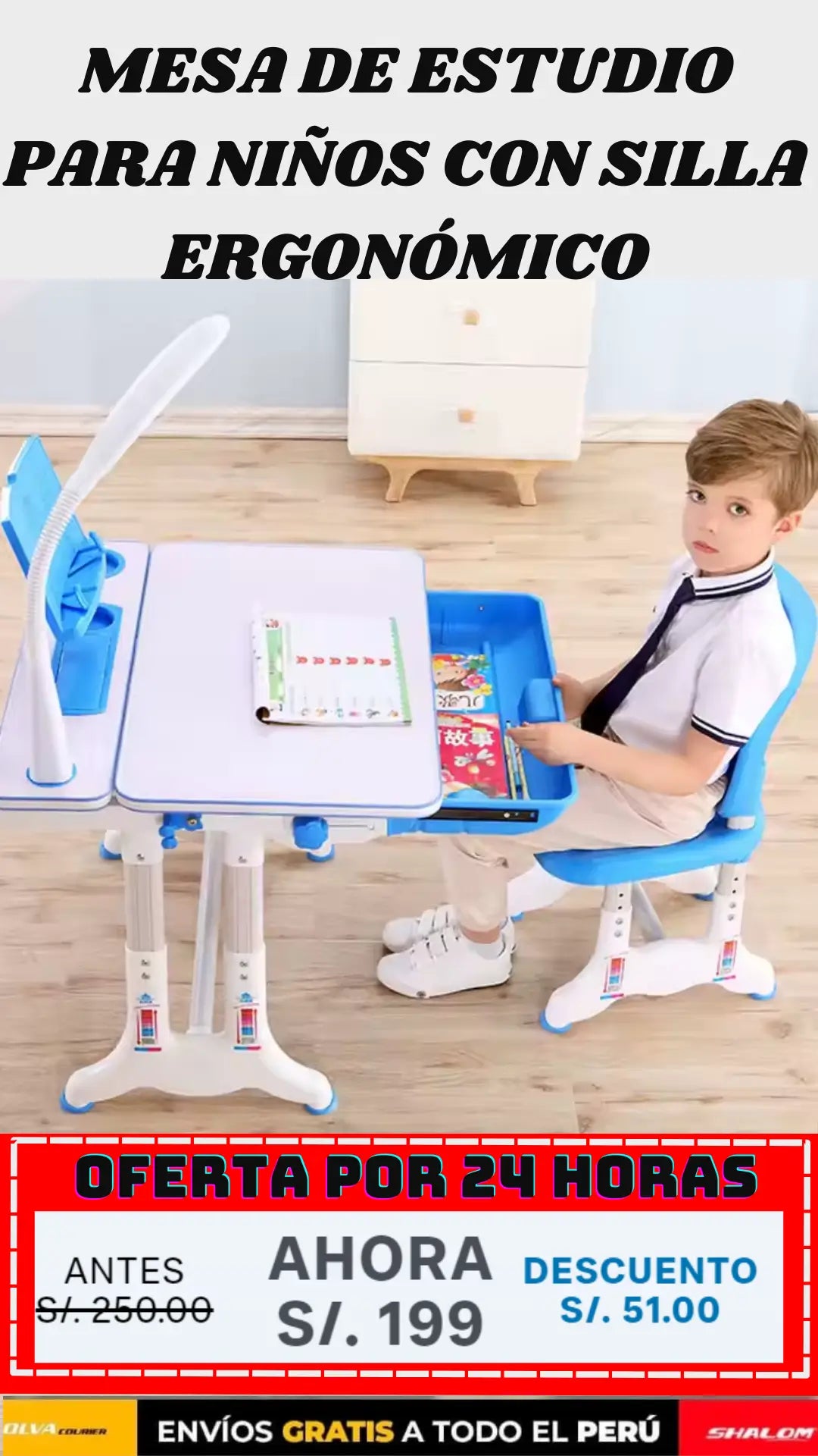 MESA Y SILLA CON LUZ DE LECTURA PARA NIÑOS